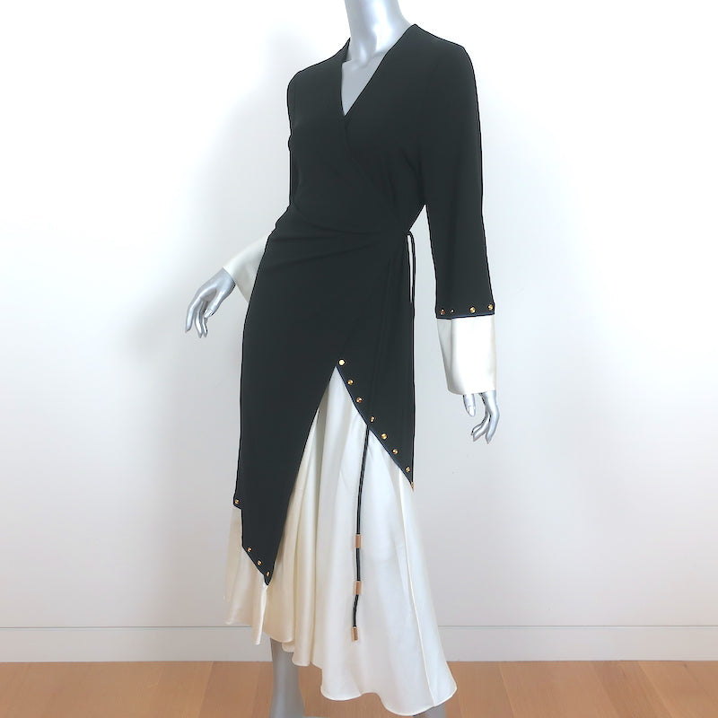 Tory Burch Mixed Material Wrap Dress Black Jersey &amp; Cream Satin Size Small NEW