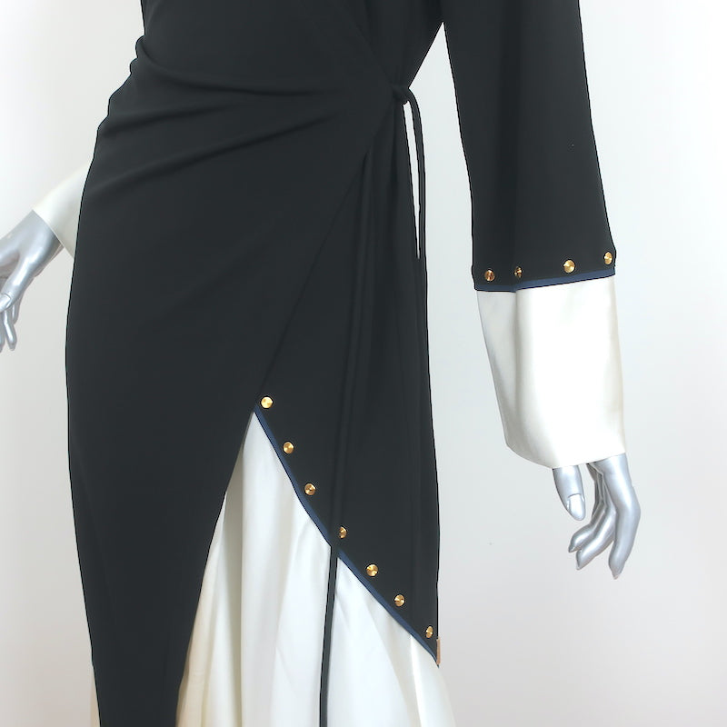 Tory Burch Mixed Material Wrap Dress Black Jersey &amp; Cream Satin Size Small NEW