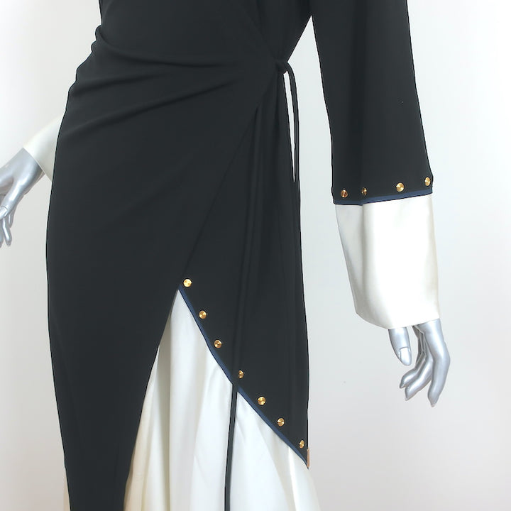 Tory Burch Mixed Material Wrap Dress Black Jersey &amp; Cream Satin Size Small NEW