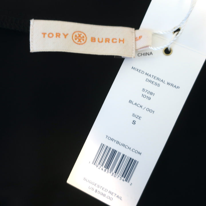 Tory Burch Mixed Material Wrap Dress Black Jersey &amp; Cream Satin Size Small NEW