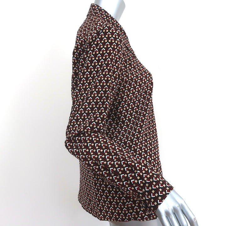 Nili Lotan Simone Shirt Brown Geometric Print Size Large Long Sleeve Top NEW