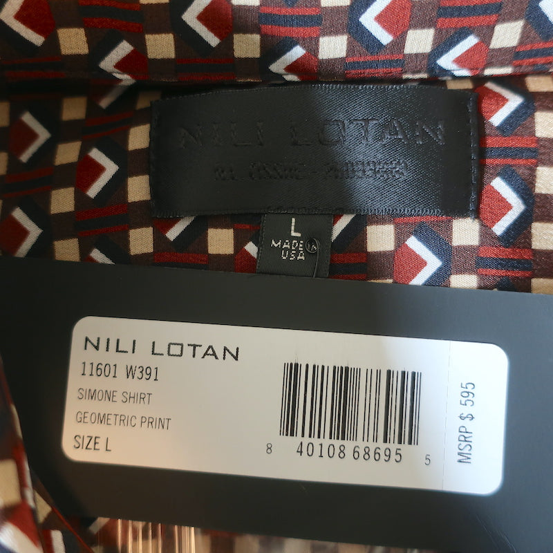 Nili Lotan Simone Shirt Brown Geometric Print Size Large Long Sleeve Top NEW