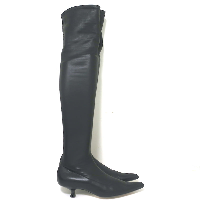 Khaite Over the Knee Boots Volos Black Stretch Leather Size 38 Kitten Heel