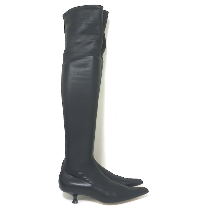 Khaite Over the Knee Boots Volos Black Stretch Leather Size 38 Kitten Heel