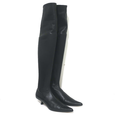 Khaite Over the Knee Boots Volos Black Stretch Leather Size 38 Kitten Heel
