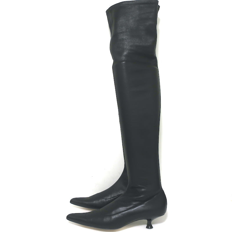 Khaite Over the Knee Boots Volos Black Stretch Leather Size 38 Kitten Heel
