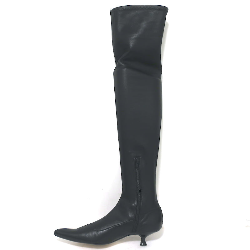 Khaite Over the Knee Boots Volos Black Stretch Leather Size 38 Kitten Heel