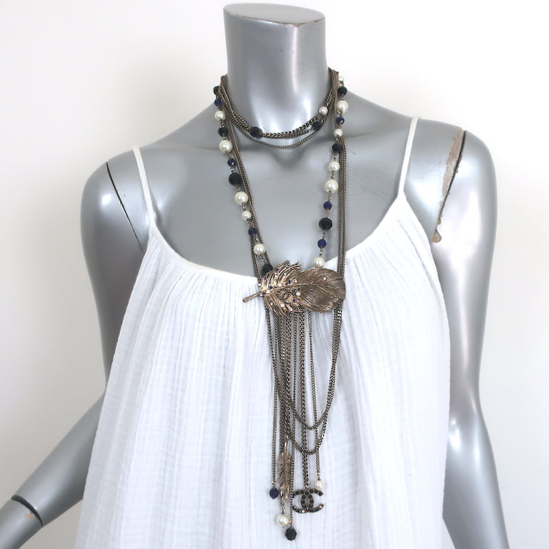 Chanel 06P Runway CC Feather Necklace Draped Chains Pearls &amp; Beads