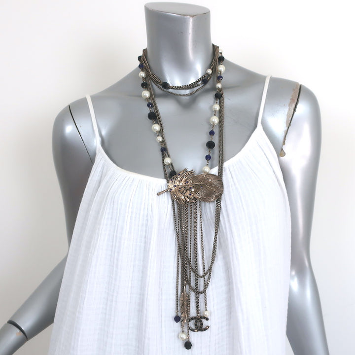 Chanel 06P Runway CC Feather Necklace Draped Chains Pearls &amp; Beads
