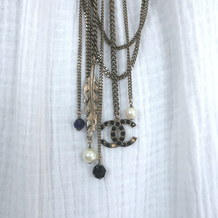 Chanel 06P Runway CC Feather Necklace Draped Chains Pearls &amp; Beads