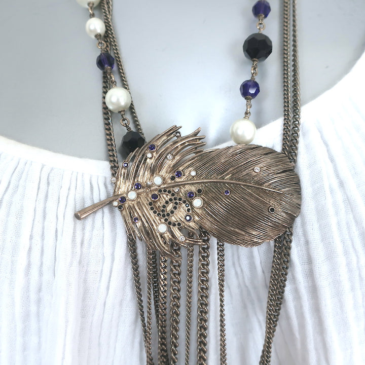 Chanel 06P Runway CC Feather Necklace Draped Chains Pearls &amp; Beads