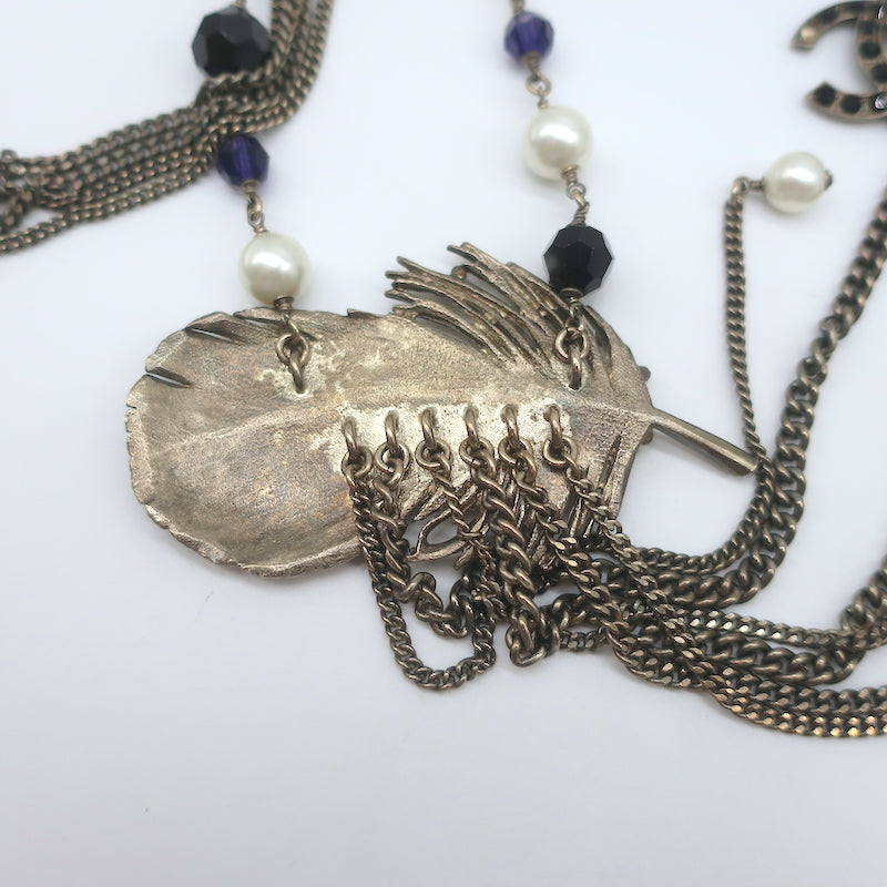 Chanel 06P Runway CC Feather Necklace Draped Chains Pearls &amp; Beads