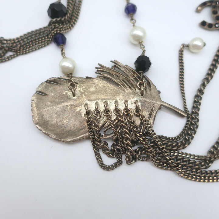 Chanel 06P Runway CC Feather Necklace Draped Chains Pearls &amp; Beads