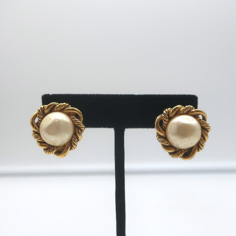 Chanel Vintage Imitation Pearl And Gold Metal CC Chain Earrings