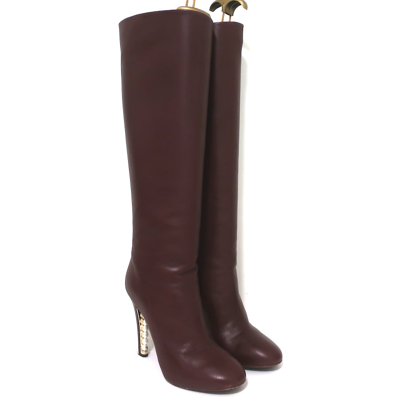 Chanel Pearl Heel Knee High Boots Bordeaux Leather Size 39