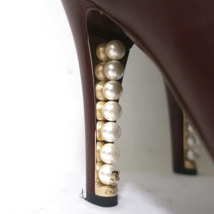 Chanel Pearl Heel Knee High Boots Bordeaux Leather Size 39