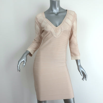 Herve Leger Sofie Crochet & Snake Print Paneled Bandage Dress Cream Size Medium