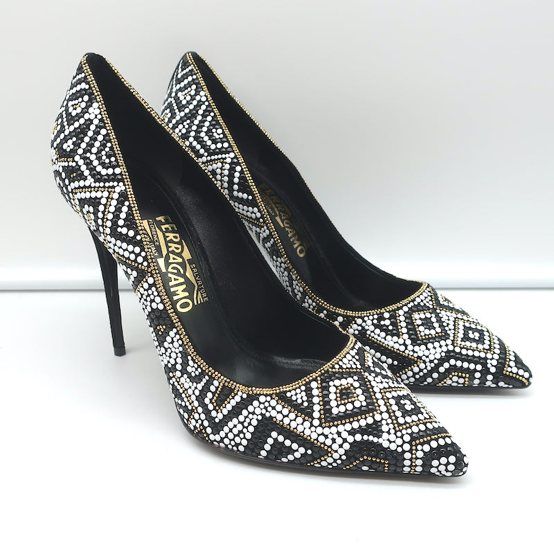 Salvatore Ferragamo Fiore Mosaic Beaded Pumps Size 10 Pointed Toe Heel –  Celebrity Owned
