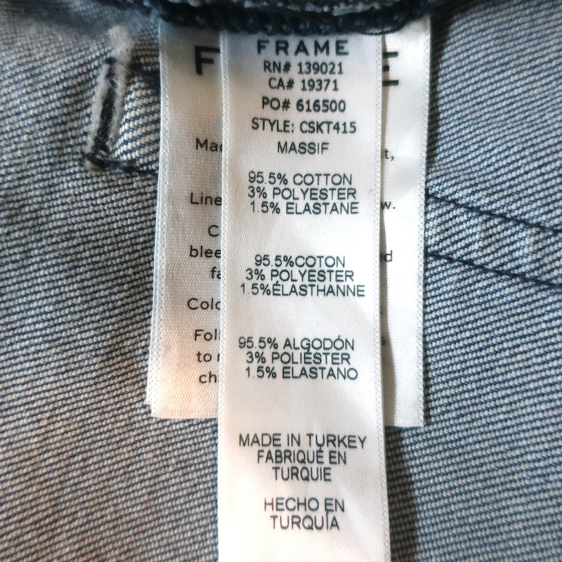 FRAME Snap-Front Denim Mini Skirt Claire Blue Stretch Cotton Size 29