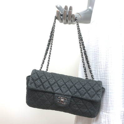 Chanel 2006 East West CC Flap Bag Grey Crinkled Leather Chain Strap Shoulder Bag