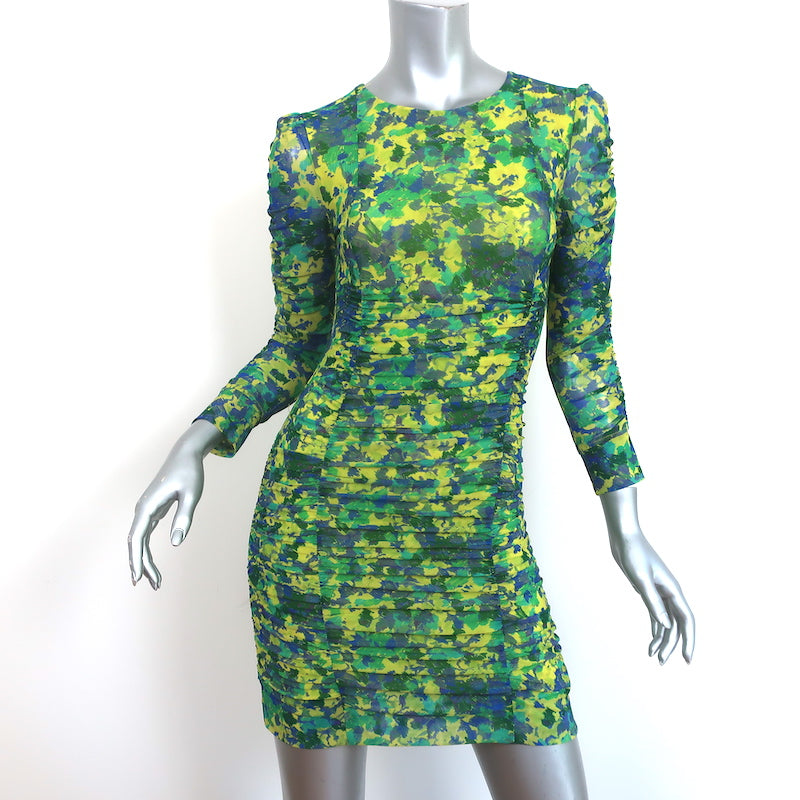 GANNI Ruched Mesh Mini Dress Yellow/Green Sulphur Spring Print Size 32 Celebrity Owned GANNI Ruched Mesh Mini Dress Yellow/Green Sulphur Spring Print Size 32 Celebrity Owned