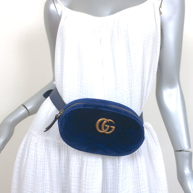 Gucci GG Marmont Belt Bag Navy Matelasse Velvet Size 85