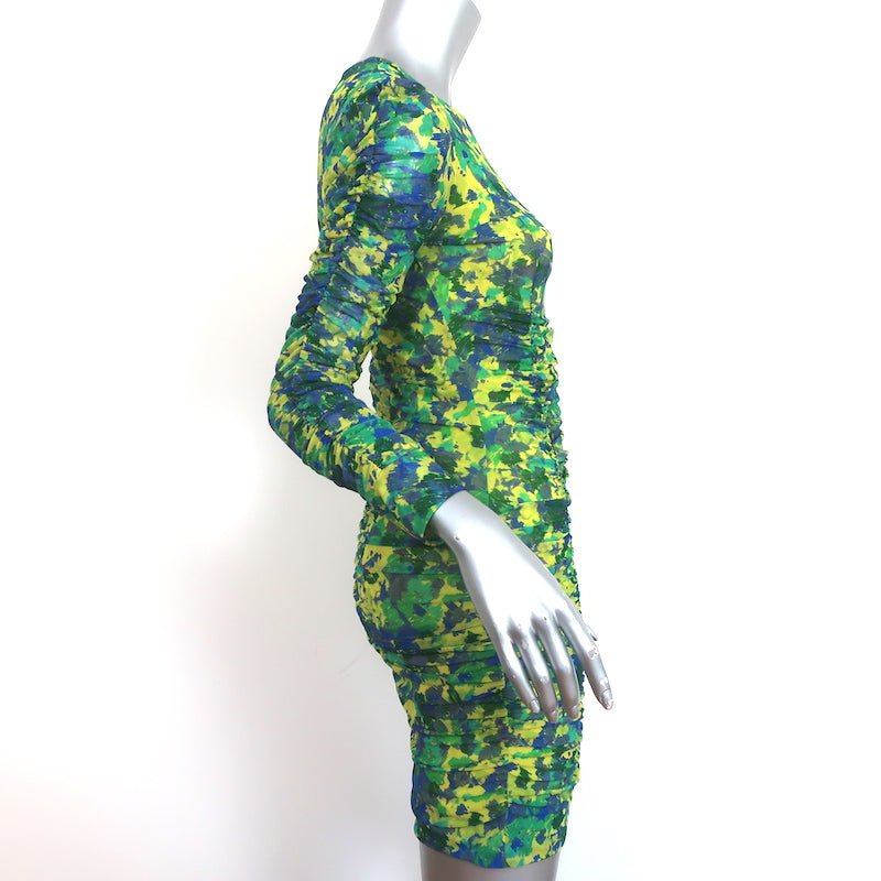 GANNI Ruched Mesh Mini Dress Yellow/Green Sulphur Spring Print Size 32