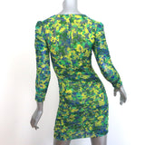 GANNI Ruched Mesh Mini Dress Yellow/Green Sulphur Spring Print Size 32