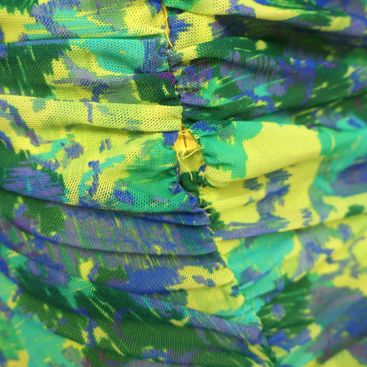 GANNI Ruched Mesh Mini Dress Yellow/Green Sulphur Spring Print Size 32