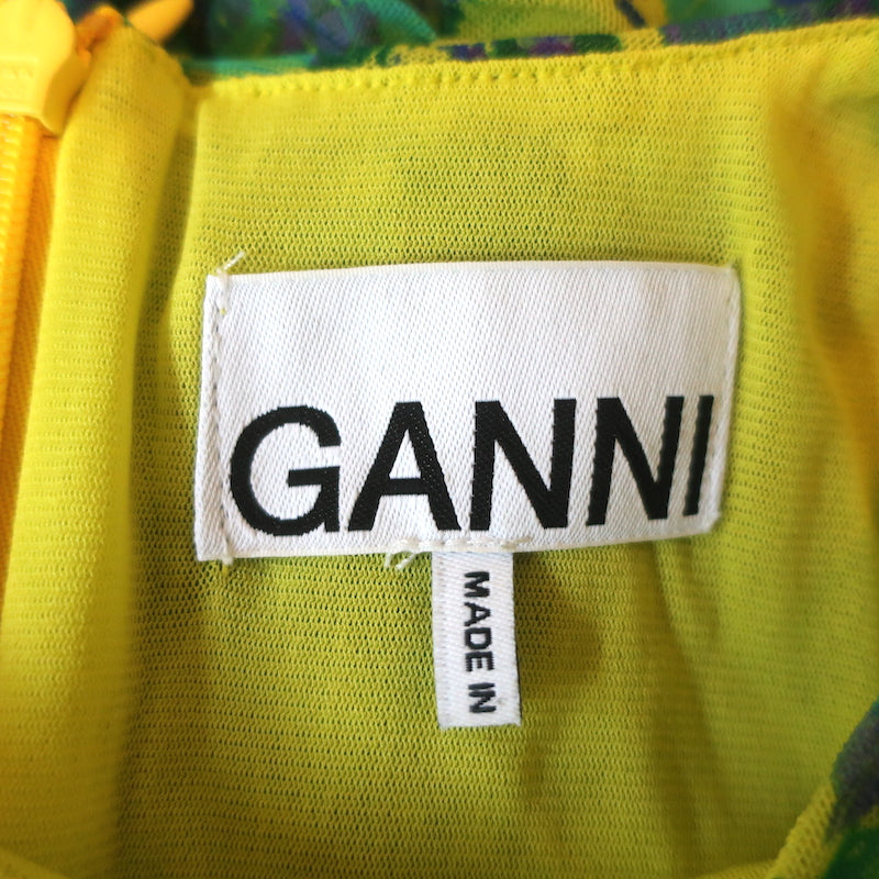 GANNI Ruched Mesh Mini Dress Yellow/Green Sulphur Spring Print Size 32