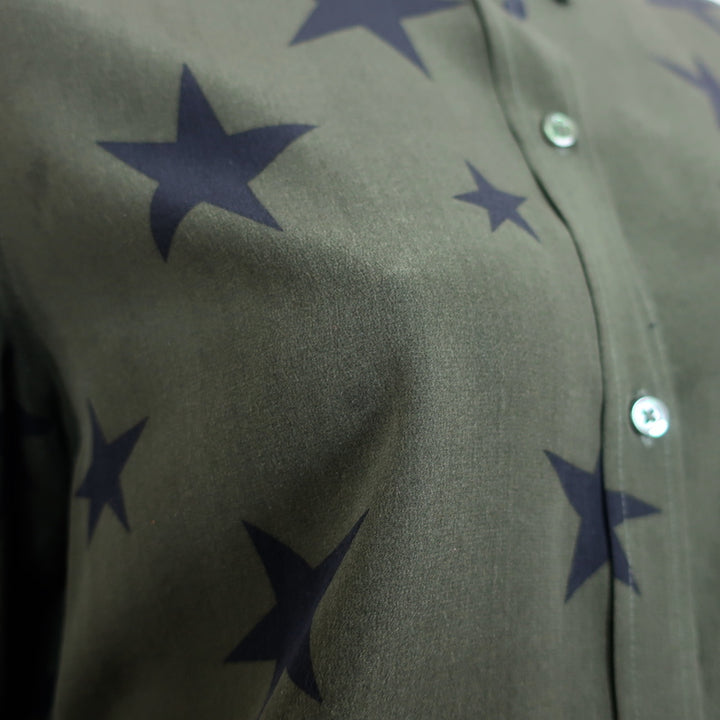 Rails Kate Shirt Green Silk with Black Stars Size Small Long Sleeve Blouse