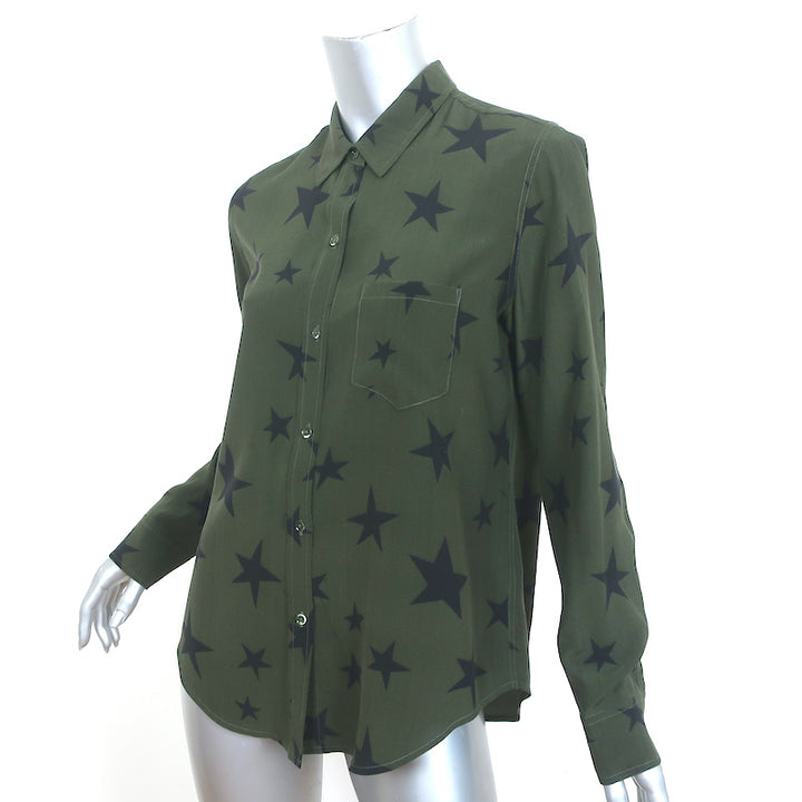 Rails Kate Shirt Green Silk with Black Stars Size Small Long Sleeve Blouse