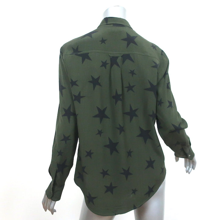 Rails Kate Shirt Green Silk with Black Stars Size Small Long Sleeve Blouse