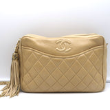 Vintage Chanel Quilted Tassel Camera Bag Beige Leather Chain Strap Shoulder Bag