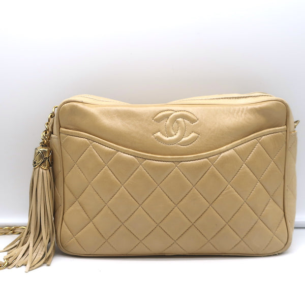 Vintage Chanel Quilted Tassel Camera Bag Beige Leather Chain Strap Sho –  Celebrity Owned