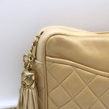 Vintage Chanel Quilted Tassel Camera Bag Beige Leather Chain Strap Shoulder Bag