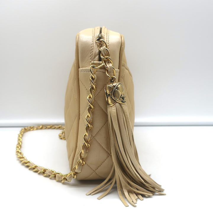 Vintage Chanel Quilted Tassel Camera Bag Beige Leather Chain Strap Shoulder Bag