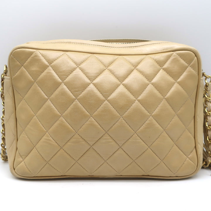 Vintage Chanel Quilted Tassel Camera Bag Beige Leather Chain Strap Shoulder Bag