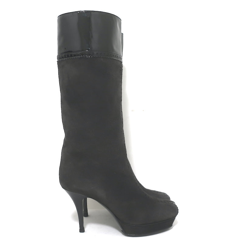 Yves Saint Laurent Tribute Platform Boots Gray Suede &amp; Black Patent Size 38.5
