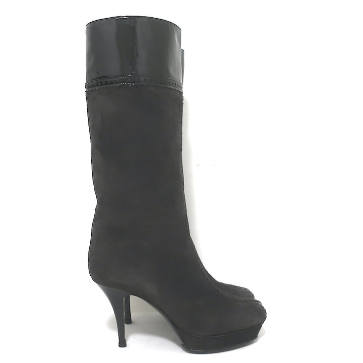 Yves Saint Laurent Tribute Platform Boots Gray Suede &amp; Black Patent Size 38.5