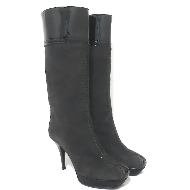 Yves Saint Laurent Tribute Platform Boots Gray Suede &amp; Black Patent Size 38.5