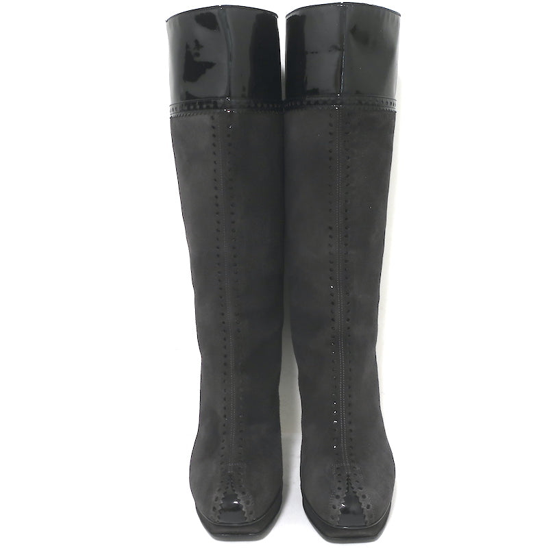 Yves Saint Laurent Tribute Platform Boots Gray Suede &amp; Black Patent Size 38.5