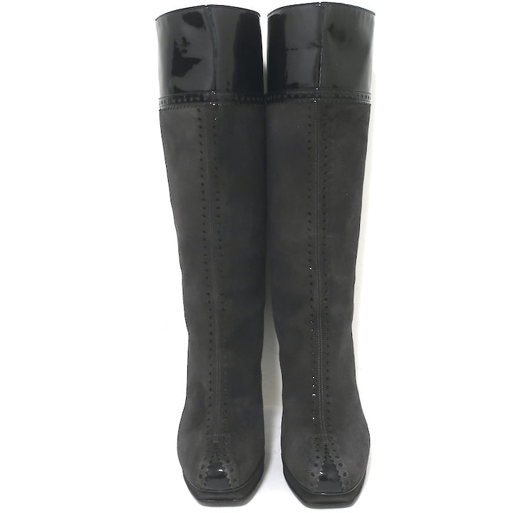 Yves Saint Laurent Tribute Platform Boots Gray Suede &amp; Black Patent Size 38.5