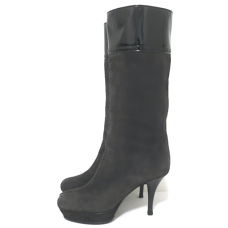 Yves Saint Laurent Tribute Platform Boots Gray Suede &amp; Black Patent Size 38.5