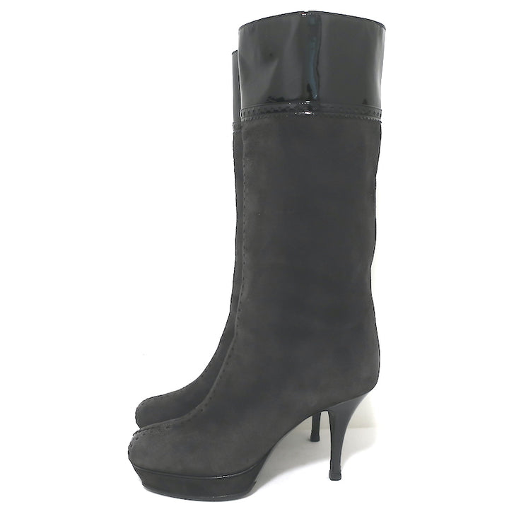 Yves Saint Laurent Tribute Platform Boots Gray Suede &amp; Black Patent Size 38.5
