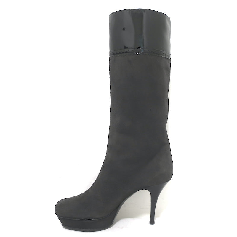 Yves Saint Laurent Tribute Platform Boots Gray Suede &amp; Black Patent Size 38.5
