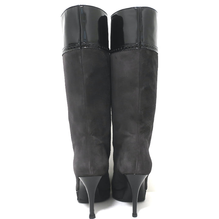 Yves Saint Laurent Tribute Platform Boots Gray Suede &amp; Black Patent Size 38.5