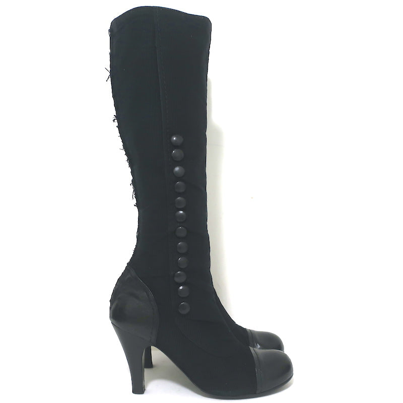 Lanvin Cap Toe Buttoned Knee High Boots Black Corduroy &amp; Leather Size 39