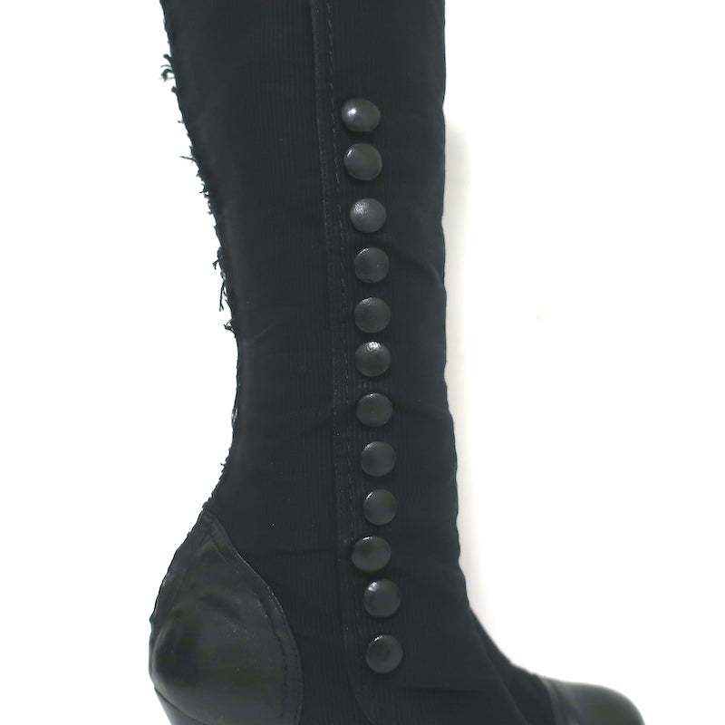 Lanvin Cap Toe Buttoned Knee High Boots Black Corduroy &amp; Leather Size 39
