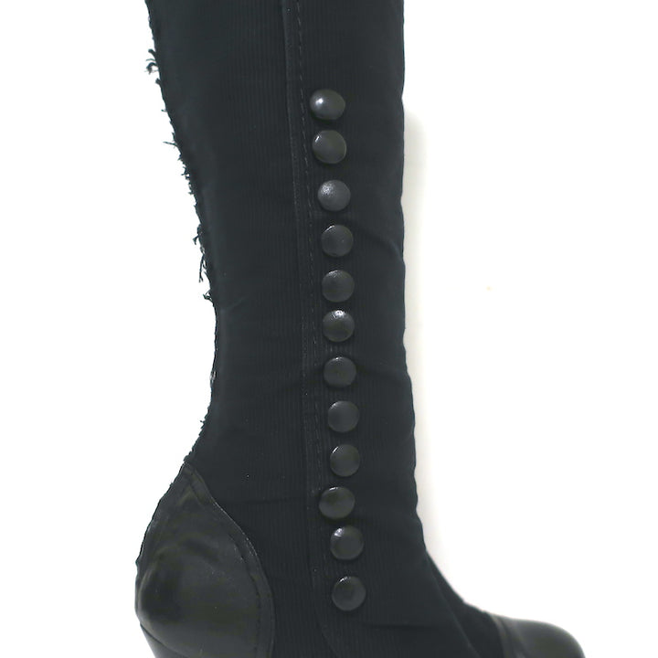Lanvin Cap Toe Buttoned Knee High Boots Black Corduroy &amp; Leather Size 39